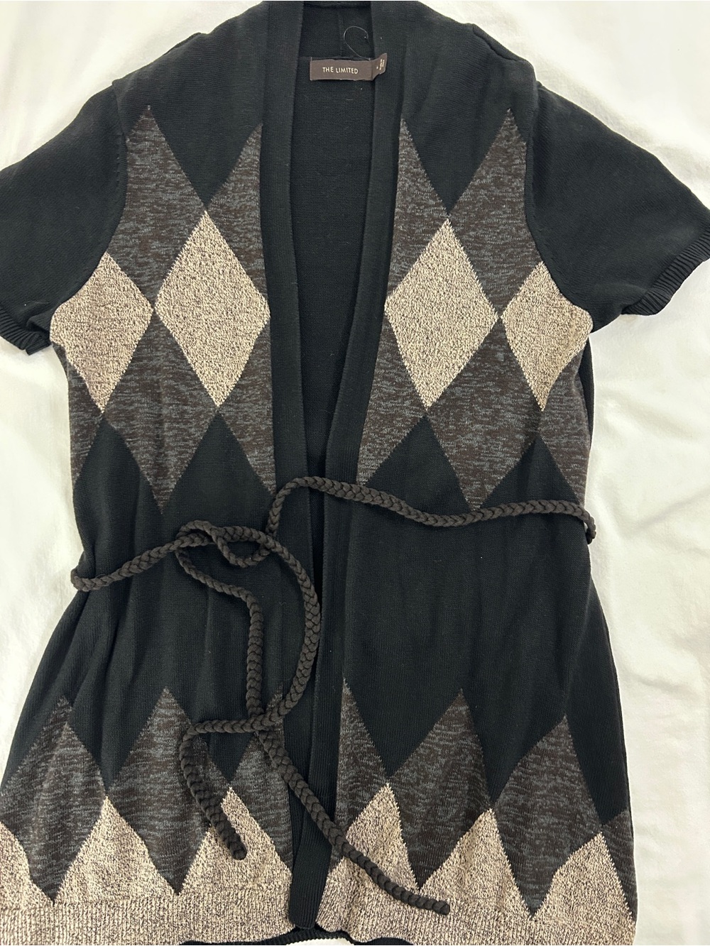 The Limited Black & Gray Argyle Short-Sleeve Belted Cardigan